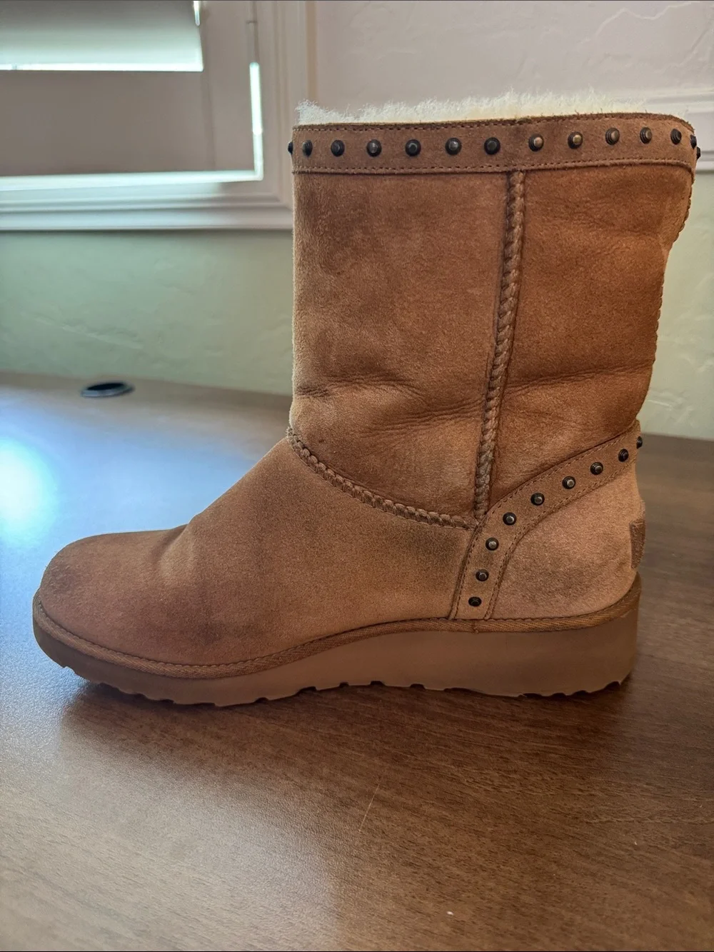 UGG Women’s Tan Suede Shearling-Lined Boots with Stud Detail, Sz. 8.5